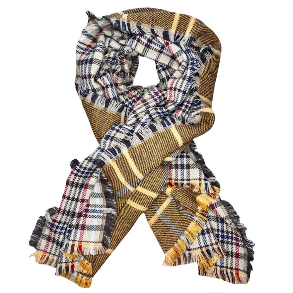 Reversible Multicolor brown/tan/yellow/red/blue Plaid Blanket Scarf with Fringe